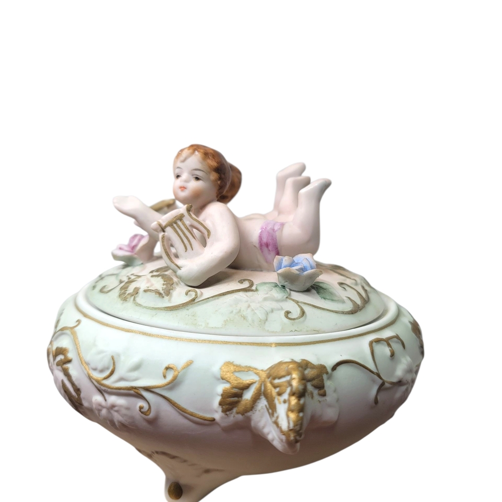 Vintage Norleans Japan Cherub Porcelain Covered Trinket Box